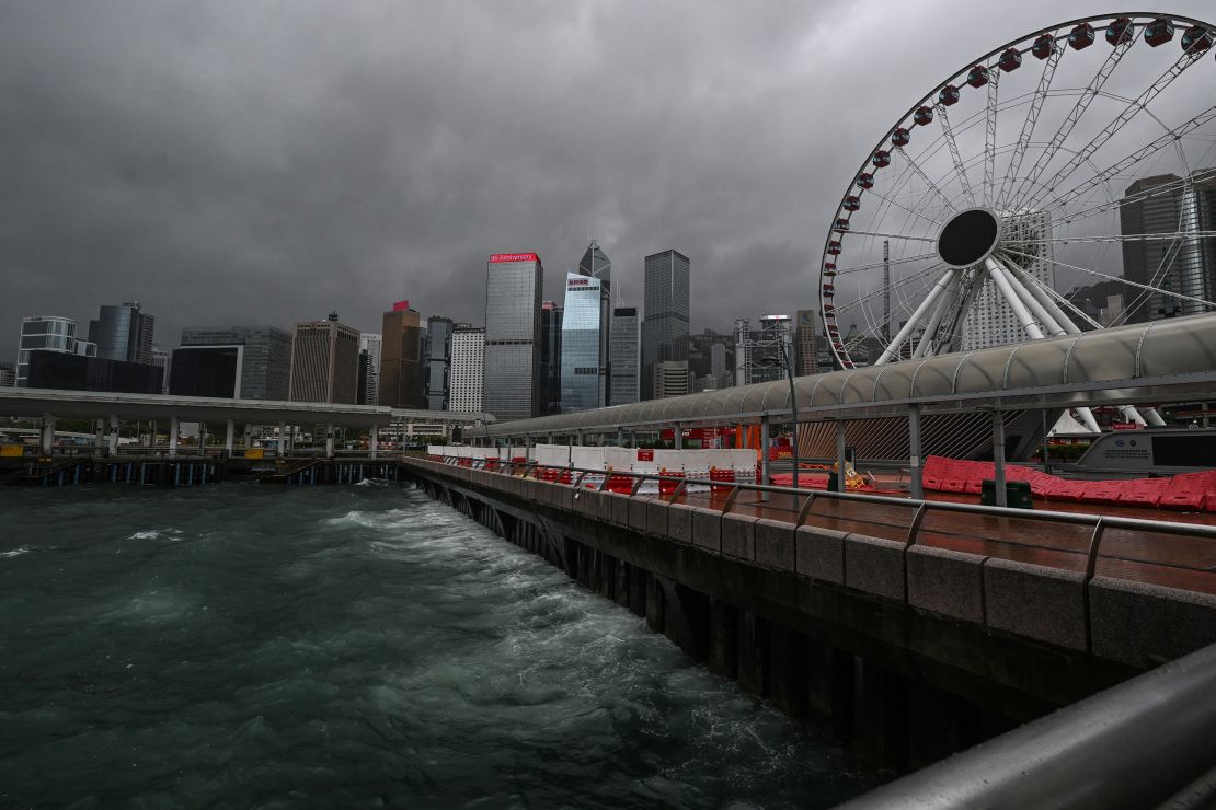 Dark clouds gather and rough seas are seen in Victoria harbor in Hong Kong and the typhoon signal number 10 is hoisted as Typhoon Wipha moves in on July 20, 2025.