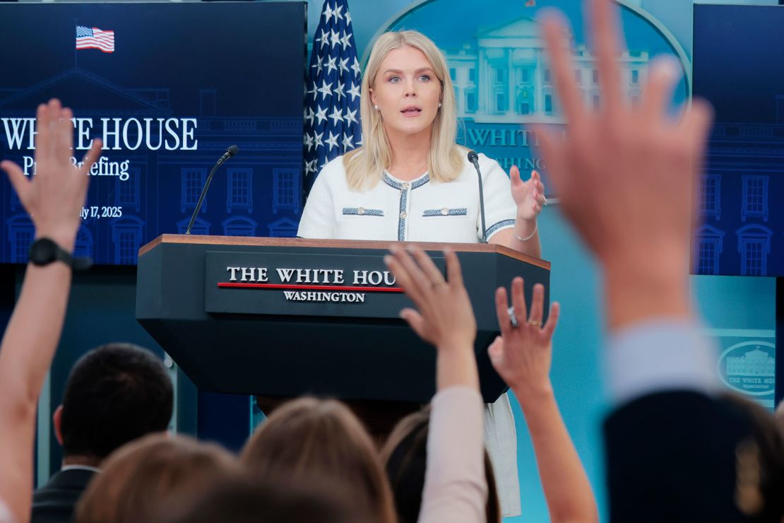 WASHINGTON, DC - JULY 17: White House Press Secretary Karoline Leavitt calls on reporters during a press briefing in the Brady Press Briefing Room at the White House on July 17, 2025 in Washington, DC. During the press briefing, Leavitt spoke on a range of topics including U.S. President Donald Trump's health, the Department of Justices' investigation into the Epstein files and funding for NPR and PBS.  (Photo by Anna Moneymaker/Getty Images)