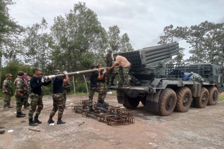 Cambodian soldiers reload the BM-21 multiple rocket launcher in Preah Vihear province on July 24, 2025.