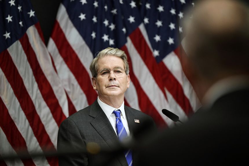 US Treasury Secretary Scott Bessent speaks at a press conference in Stockholm after trade talks between the United States and China concluded on July 29.