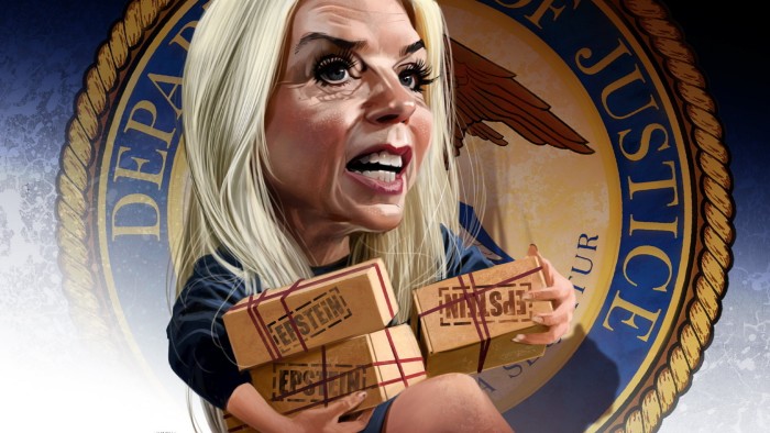 Joe Cummings illustration of Person in the News Pam Bondi, holding three packages of Epstein files.