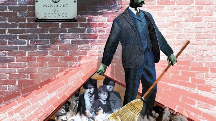 Illustration of a man in a suit sweeping immigrants under the carpet