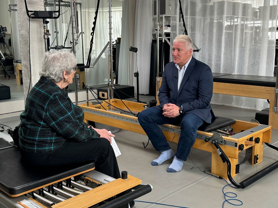 John King talks with 94-year-old Pat Levin at SteelCore Pilates studio in Bethlehem, Pennsylvania, in 2024.