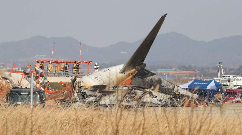 Firefighters and rescue team work at the wreckage of a passenger plane at Muan International Airport on December 29, 2024 in Muan-gun, South Korea.