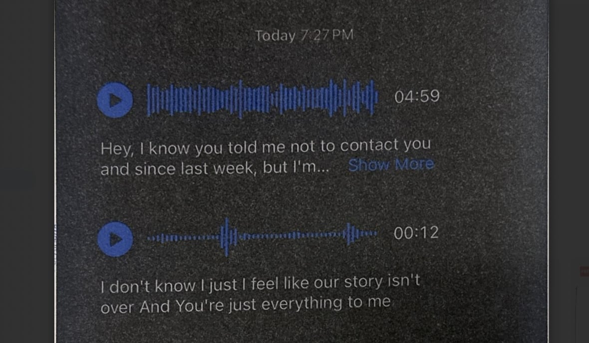 Screen shots of audio recordings, one of which is transcribed and begins "I know you told me not to contact you."