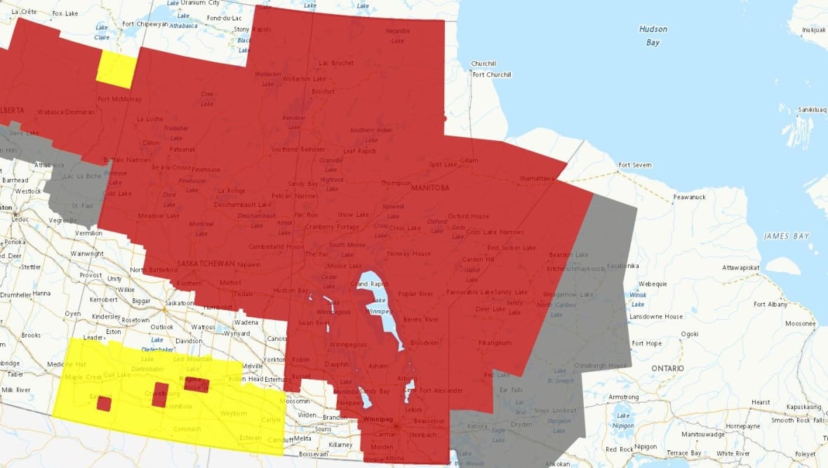 A map of Canada is shown, with the majority of Manitoba colored red.