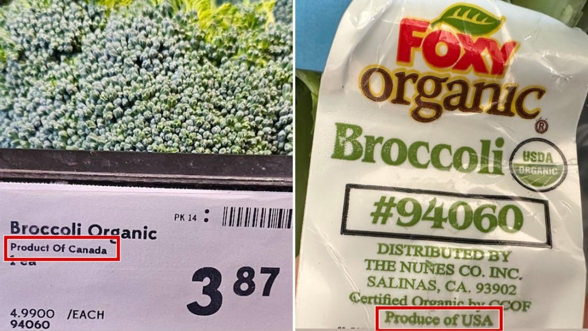 A sign for the broccoli said "Product of Canada," but the item's tag said it was "Produce of USA."