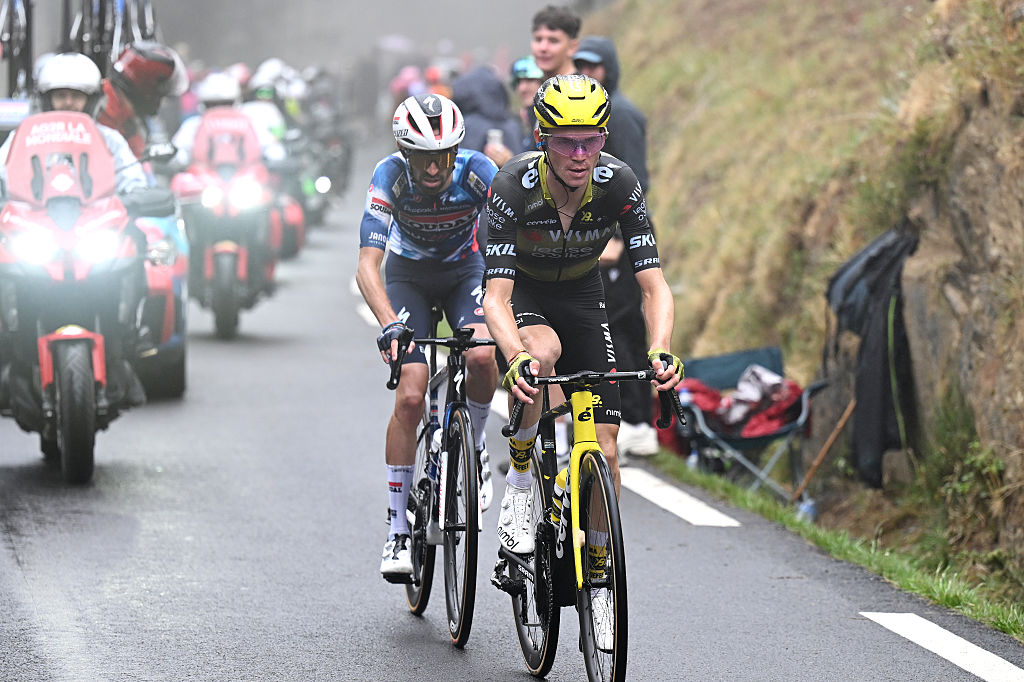 LUCHON-SUPERBAGNERES, FRANCE - JULY 19: (L-R) Valentin Paret-Peintre of France and Team Soudal Quick-Step and Sepp Kuss of The United States and Team Visma | Lease a Bike compete in the chase group during the 112th Tour de France 2025, Stage 14 a 182.6km stage from Pau to Luchon-Superbagneres 1794m / #UCIWT / on July 19, 2025 in Luchon-Superbagneres, France. (Photo by Tim de Waele/Getty Images)