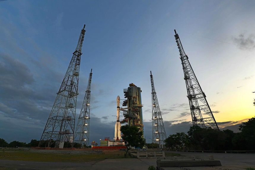 The NISAR satellite stands on the launchpad at Satish Dhawan Space Centre on India’s southeastern coast.