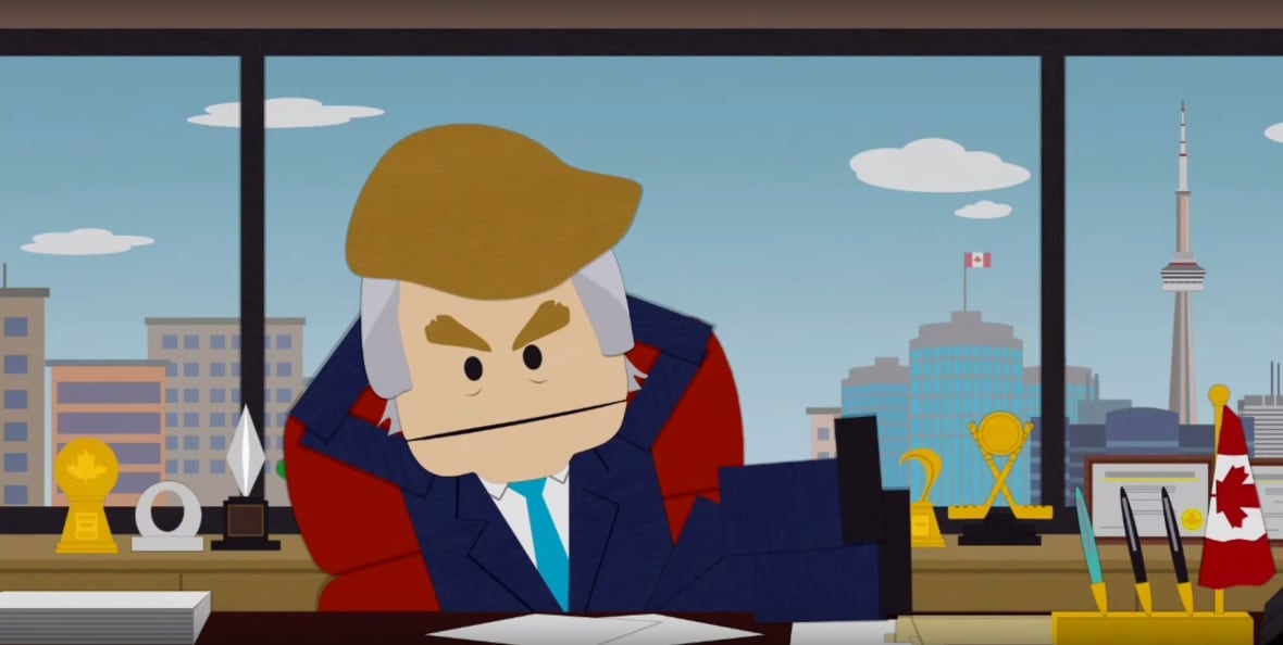 A cartoon of a man in  a suit in the oval office
