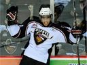Vancouver Giants left winger Evander Kane celebrates his goal against Spokane Chiefs during WHL playoff game at the Pacific Coliseum on April 4, 2009.