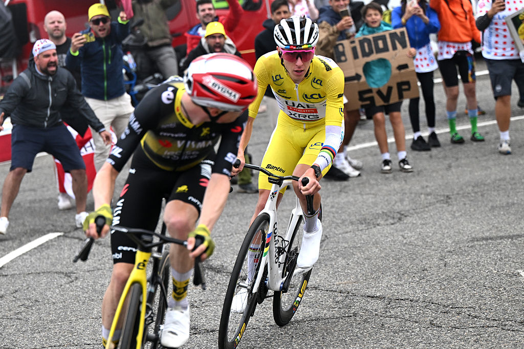 LUCHON-SUPERBAGNERES, FRANCE - JULY 19: (L-R) Jonas Vingegaard of Denmark and Team Visma | Lease a Bike and Tadej Pogacar of Slovenia and UAE Team Emirates - XRG - Yellow Leader Jersey attack during the 112th Tour de France 2025, Stage 14 a 182.6km stage from Pau to Luchon-Superbagneres 1794m / #UCIWT / on July 19, 2025 in Luchon-Superbagneres, France. (Photo by Tim de Waele/Getty Images)