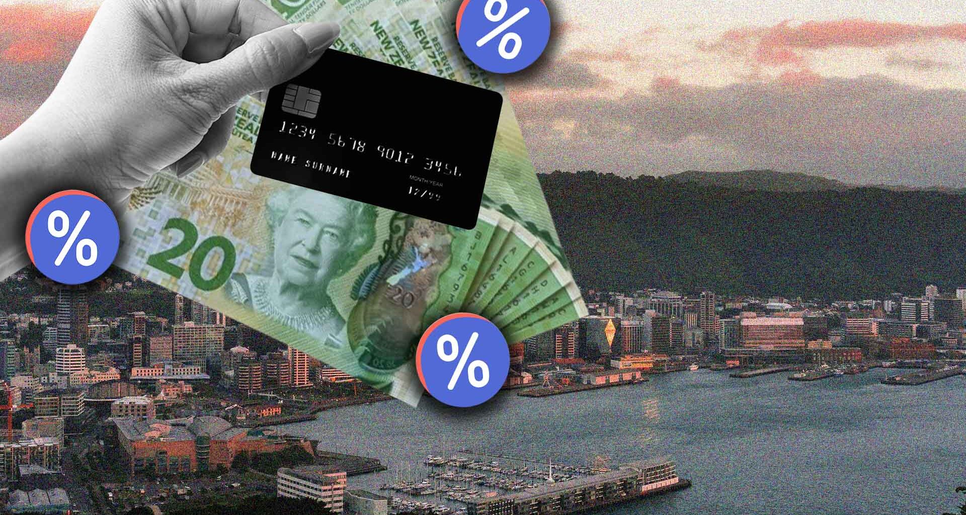 A composite image with a landscape shot of Wellington city overlayed with New Zealand banknotes and a person holding an eftpos card with percentage icons.