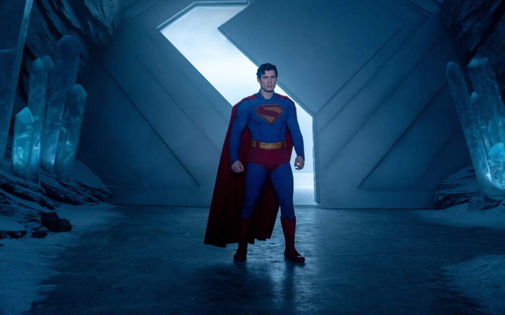David Corenswet with Krypto the dog in director James Gunn's "Superman." (Courtesy Warner Bros. Pictures)