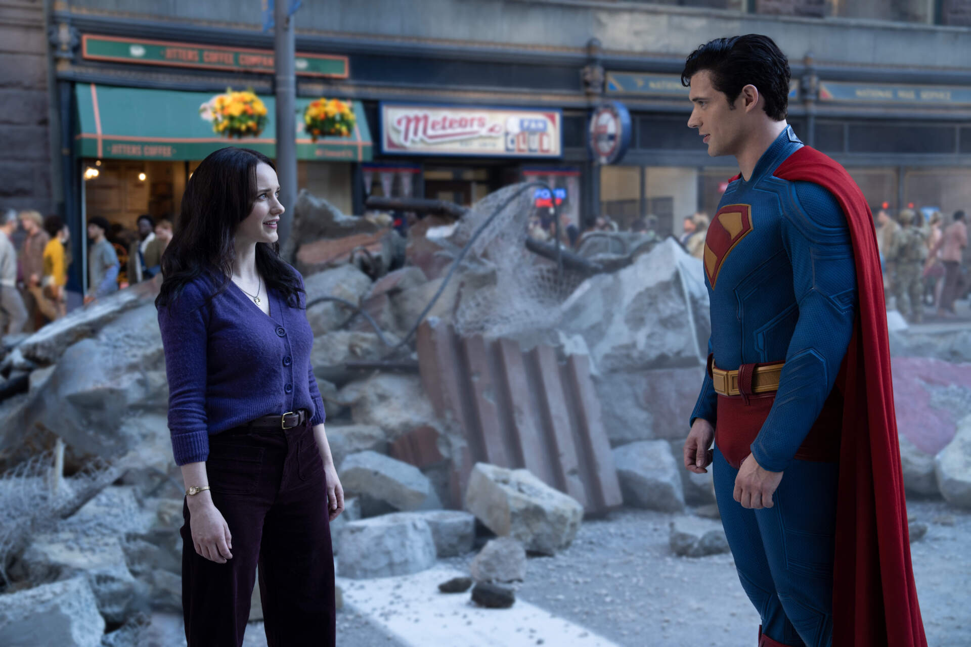 From left, Rachel Brosnahan and David Corenswet in director James Gunn's "Superman." (Courtesy Warner Bros. Pictures)