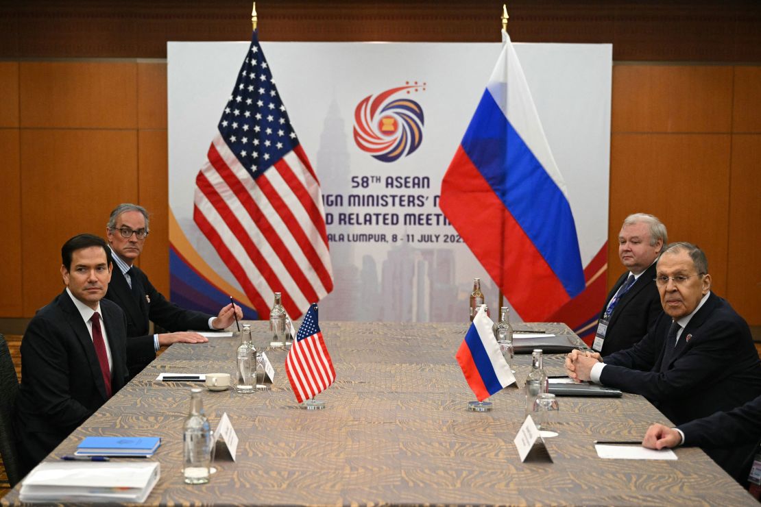 Rubio meets with Russian Foreign Minister Sergey Lavrov, right, on the sidelines of the ASEAN Foreign Ministers' meeting in Kuala Lumpur, Malaysia, on July 10.