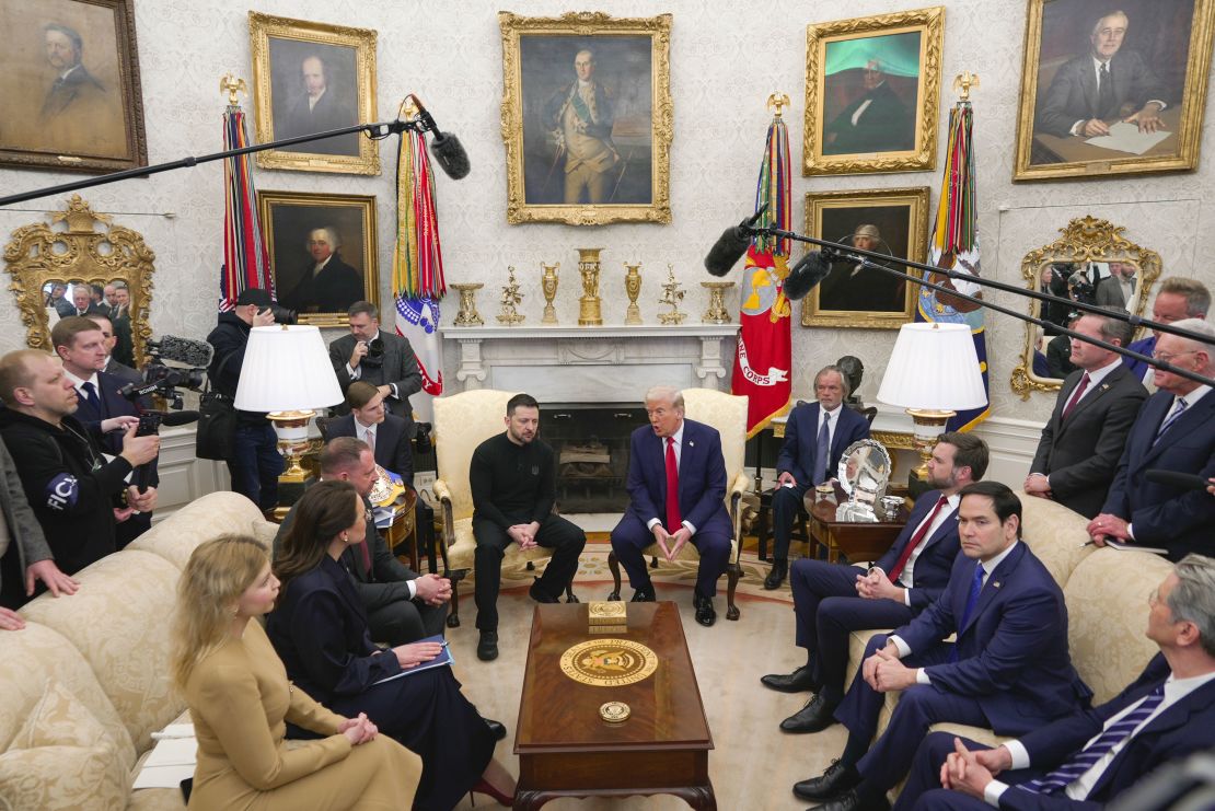 Trump meets with Ukrainian President Volodymyr Zelensky, center left, as Rubio, seated from second right, and Vice President JD Vance listen in the Oval Office of the White House on February 28.