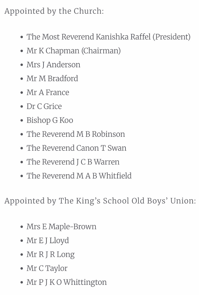 The King's School council - dominated by Anglican Clergy who back headmaster Tony George