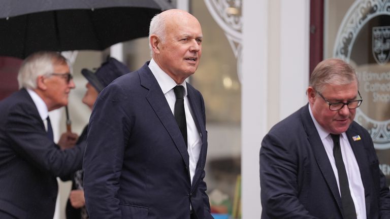Sir Iain Duncan Smith (centre) and Mark Francois (right) attend the funeral of Lord Norman Tebbit, at St Edmundsbury Cathedral in Bury St Edmunds. The former Cabinet minister died on July 7 at the age of 94. Picture date: Thursday July 31, 2025. PA Photo. Photo credit should read: Joe Giddens/PA Wire