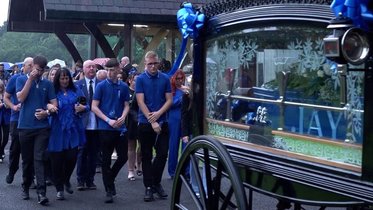 Screengrab taken from PA Video of mourners arriving for the funeral of Jay Slater at Accrington Cemetery Chapel in Lancashire, after he died while on holiday in Tenerife in June. Picture date: Saturday August 10, 2024.