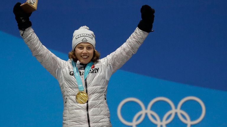 FILE -Women's 7.5km biathlon sprint gold medalist Laura Dahlmeier, of Germany, celebrates during the medals ceremony at the 2018 Winter Olympics in Pyeongchang, South Korea, Feb. 11, 2018. (AP Photo/Morry Gash, File)