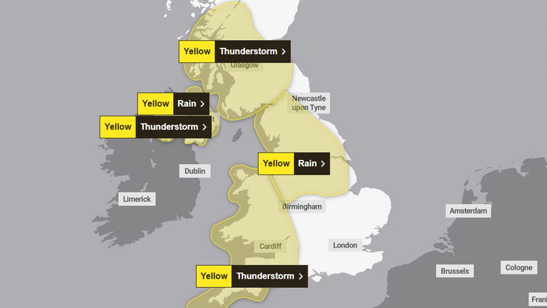 Yellow weather warnings have been issued for large parts of the UK. Pic: Met Office