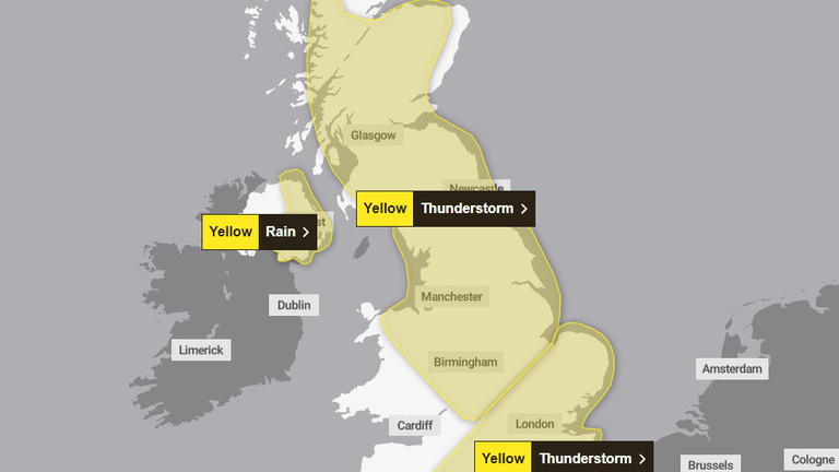 Yellow weather warnings have been issued for large parts of the UK. Pic: Met Office