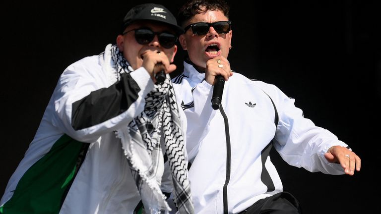 Moglai Bap and Mo Chara of Kneecap perform at Glastonbury. Pic: Reuters