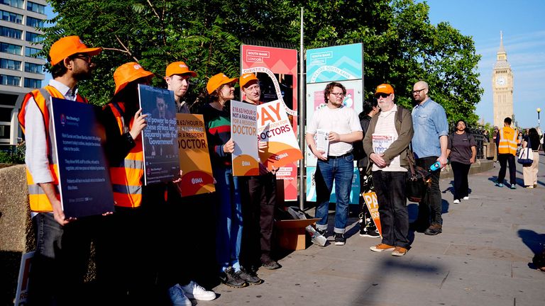 NHS resident doctors outside St Thomas' Hospital.
Pic: PA