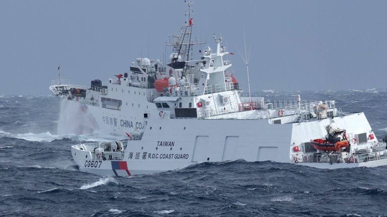 Taiwan Coast Guard vessel Ji An, right, chases after Chinese Coast Guard vessel 1302 off the coast of Hualien, on Thu, Dec 12, 2024