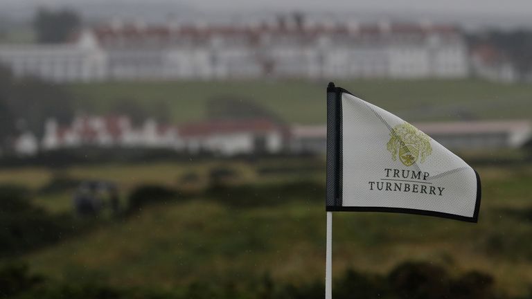 A flag flutters on the Ailsa Championship Course at the Trump Turnberry Golf Resort in Turnberry.