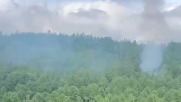 Smoke rises at the crash site of an Angara Airlines An-24 passenger plane near Tynda.
Pic: Federal Air Transport agency/Reuters