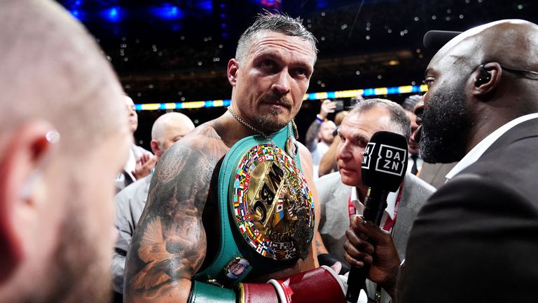 Oleksandr Usyk speaks to the media in the ring after knocking down Daniel Dubois. Pic: PA