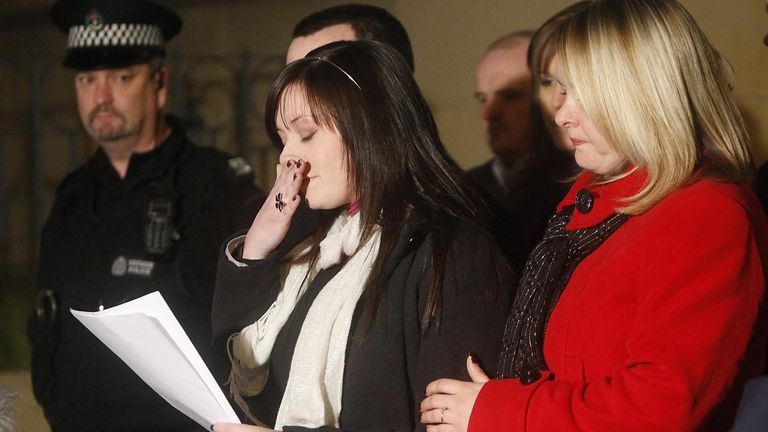 Left to right: Lindsay and Sharon Brown, sisters of murdered schoolgirl Vicky Hamilton, make a statement outside Dundee Sheriff's Court foll