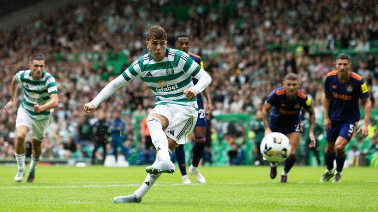 Celtic's Arne Engels scores from the penalty spot against Newcastle