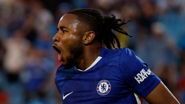 Chelsea's Christopher Nkunku celebrates after scoring his side's second goal against Benfica during the Club World Cup round of 16 soccer match between Benfica and Chelsea in Charlotte, N.C., Saturday, June 28, 2025. (AP Photo/Nell Redmond)