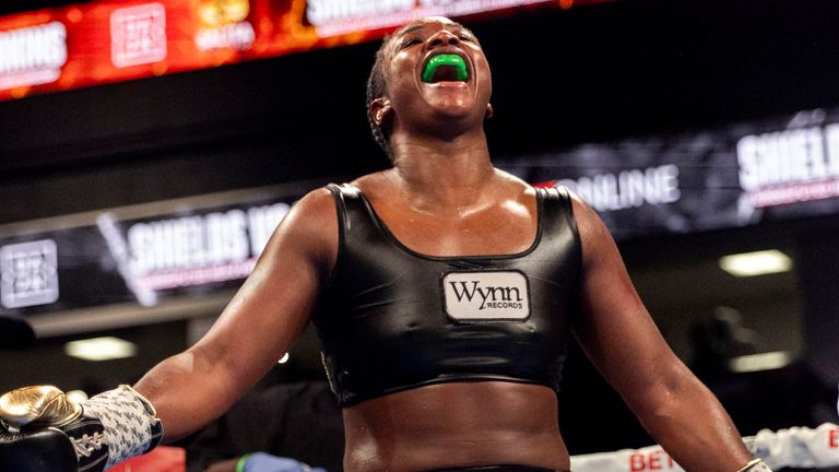 Claressa Shields captures the undisputed heavyweight title with a unanimous decision victory over Danielle Perkins on Sunday, Feb. 2, 2025 at Dort Financial Center in Flint. (Jake May/The Flint Journal via AP)
