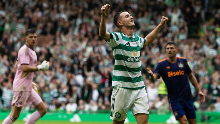 Celtic's Johnny Kenny celebrates scoring against Newcastle after Nick Pope's error