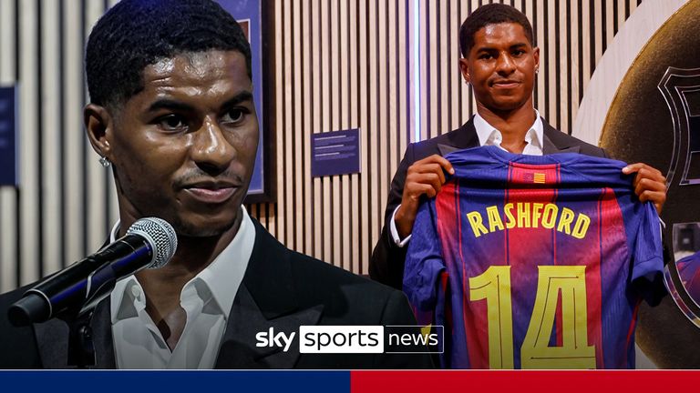 Marcus Rashford poses with an F.C. Barcelona jersey during his presentation as a new signing in Barcelona, Spain, Wednesday, July 23, 2025.