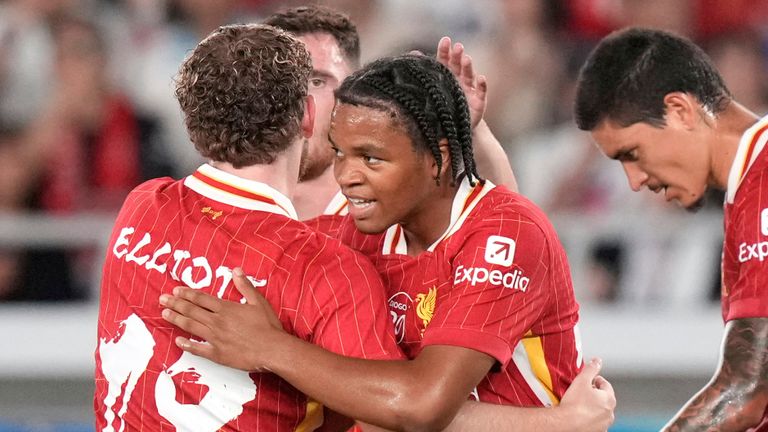 Liverpool's Rio Ngumoha celebrates scoring his first Liverpool goal