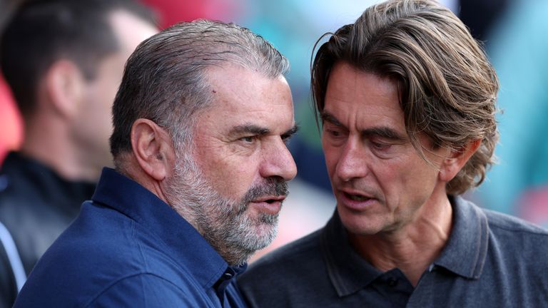 Thomas Frank, right, has taken over from Ange Postecoglou as Tottenham boss