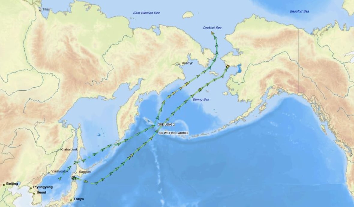 A map showing two ship paths starting near Japan and ending near Alaska.