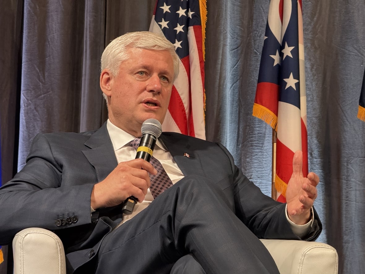 Former Prime Minister Stephen Harper in a grey suit with a microphone in front of flags. 
