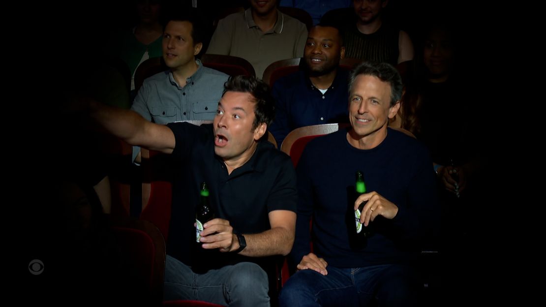 Jimmy Fallon and Seth Meyers, both NBC late-night hosts, appeared in the audience during Monday evening’s “The Late Show With Stephen Colbert.”