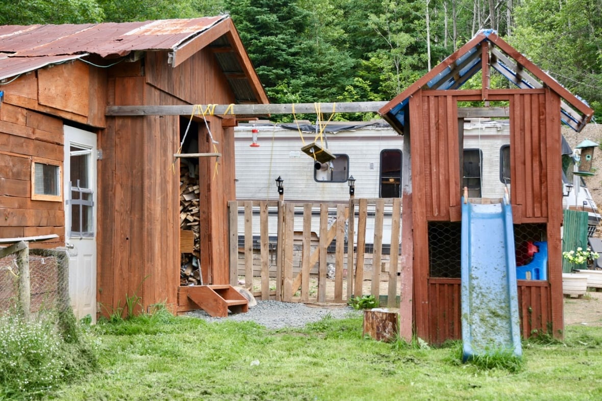 Two swings and a slide are seen in a backyard next to a trailer and shed. 