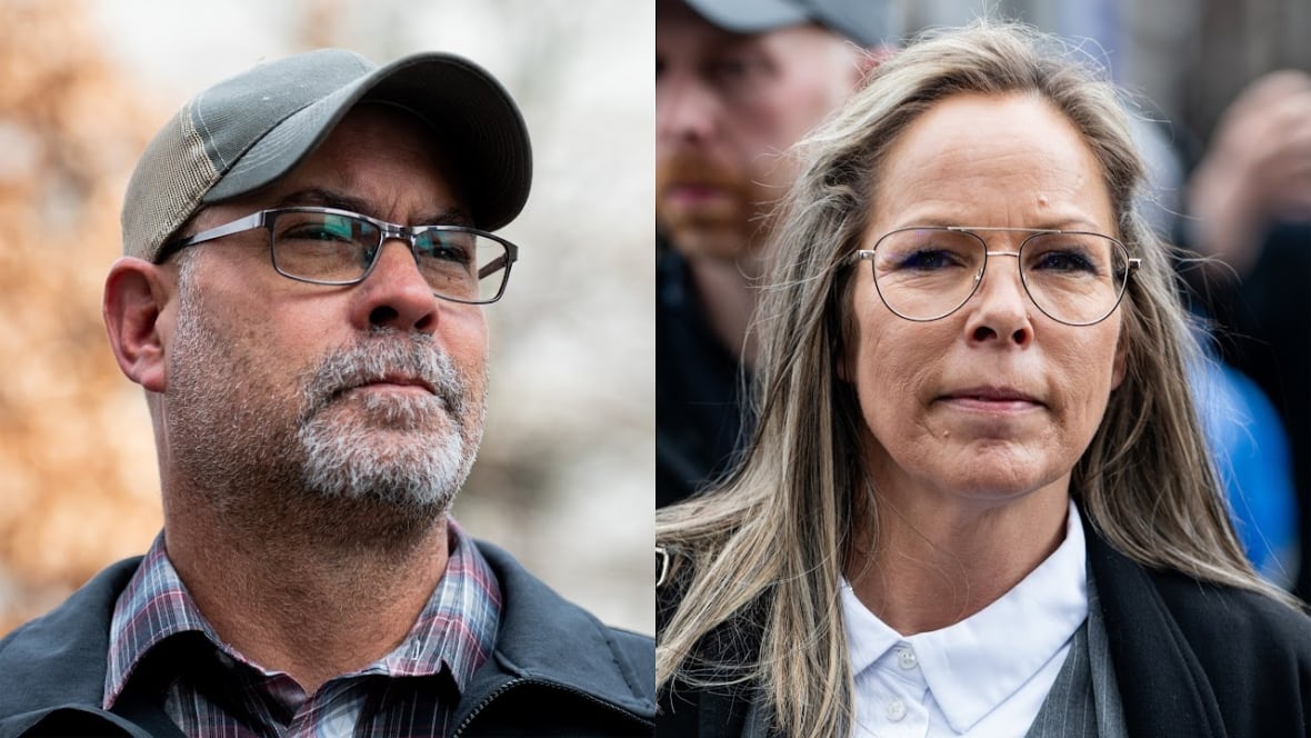 A side-by-side composite of two people outside a courthouse in early spring.