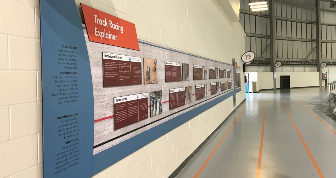 A wall display with photos and information about cycle racing