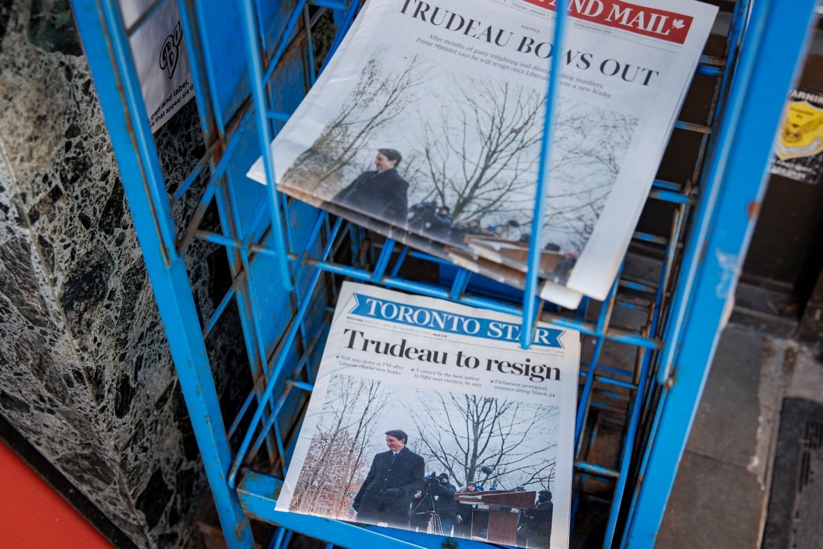 News of Prime Minister Justin Trudeau’s resignation is pictured on the front page of newspapers on display at a Toronto book shop on Jan. 7, 2025.