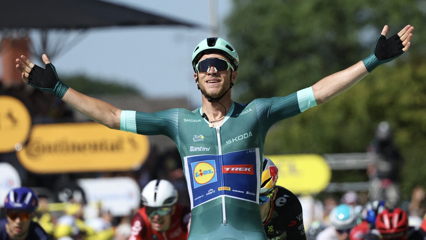 Italian cyclist Jonathan Milan wins Stage 8 of Tour de France in a sprint finish