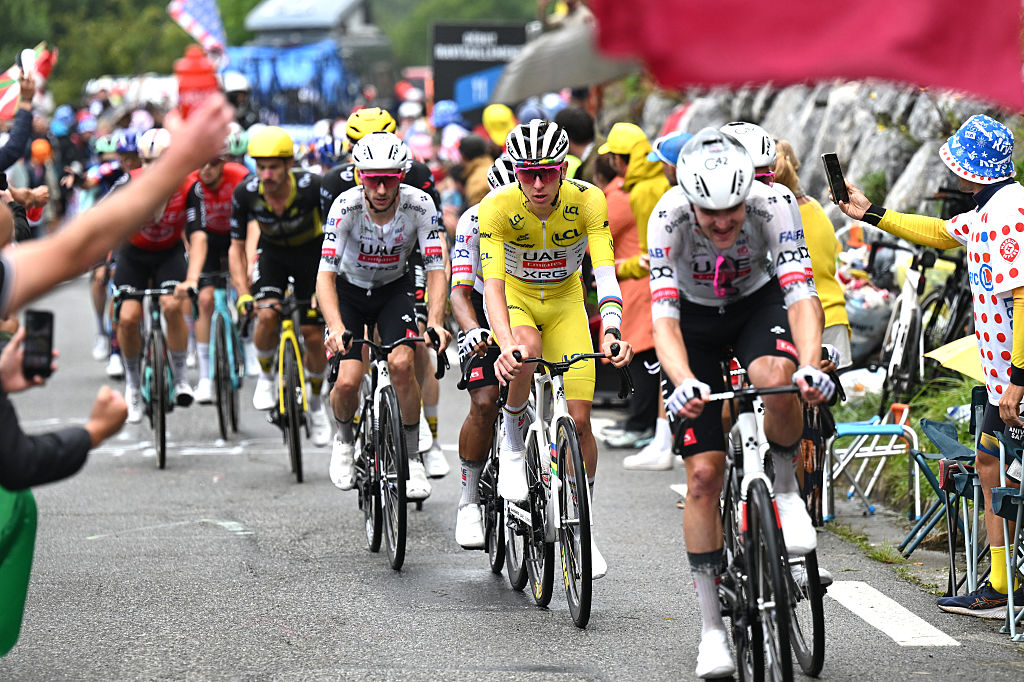LUCHON-SUPERBAGNERES, FRANCE - JULY 19: Tadej Pogacar of Slovenia and UAE Team Emirates - XRG - Yellow leader jersey competes during the 112th Tour de France 2025, Stage 14 a 182.6km stage from Pau to Luchon-Superbagneres 1794m / #UCIWT / on July 19, 2025 in Luchon-Superbagneres, France. (Photo by Tim de Waele/Getty Images)
